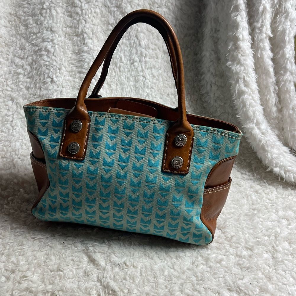 Michael Kors Monogram Blue canvas medium Satchel with leather tan trims &straps